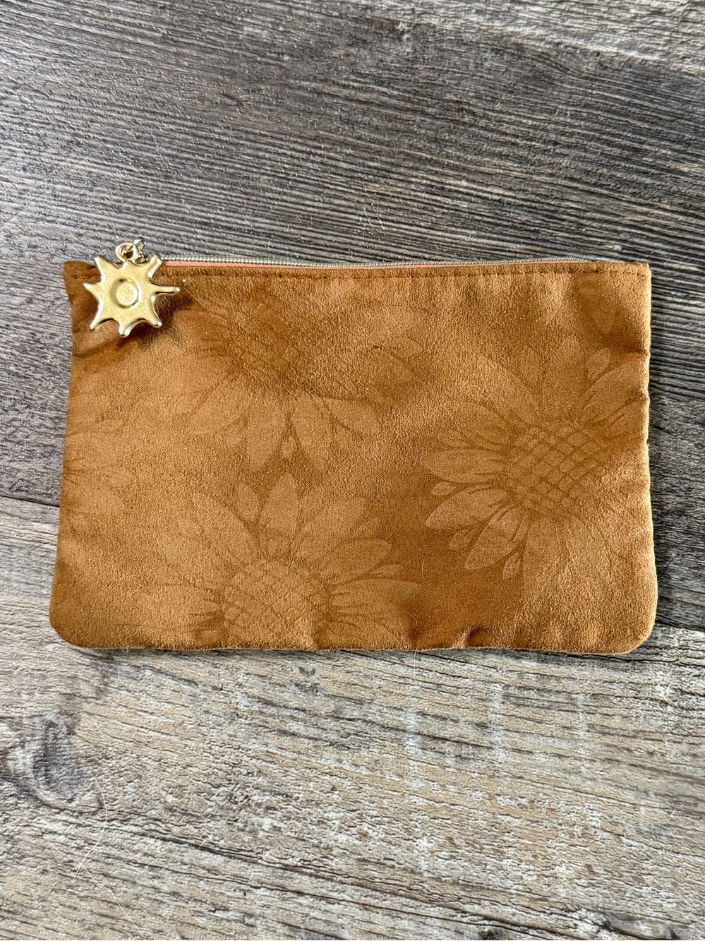 Tan Floral Faux Suede Zip Pouch - Women's Accessory